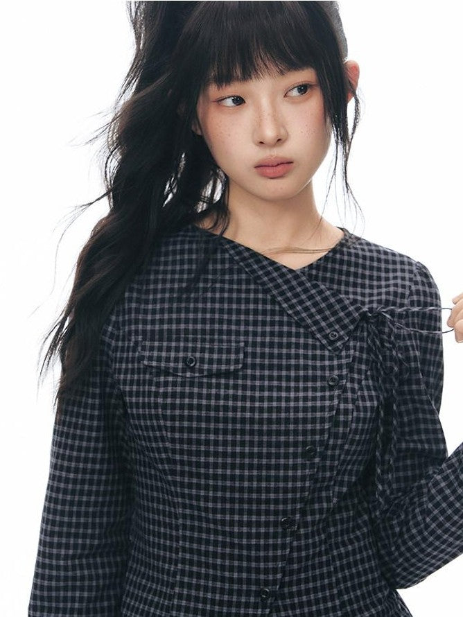 NAPSNAPS Asymmetric Tie Plaid Puff Skirt Slim Women&