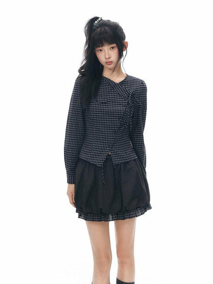 NAPSNAPS Asymmetric Tie Plaid Puff Skirt Slim Women&