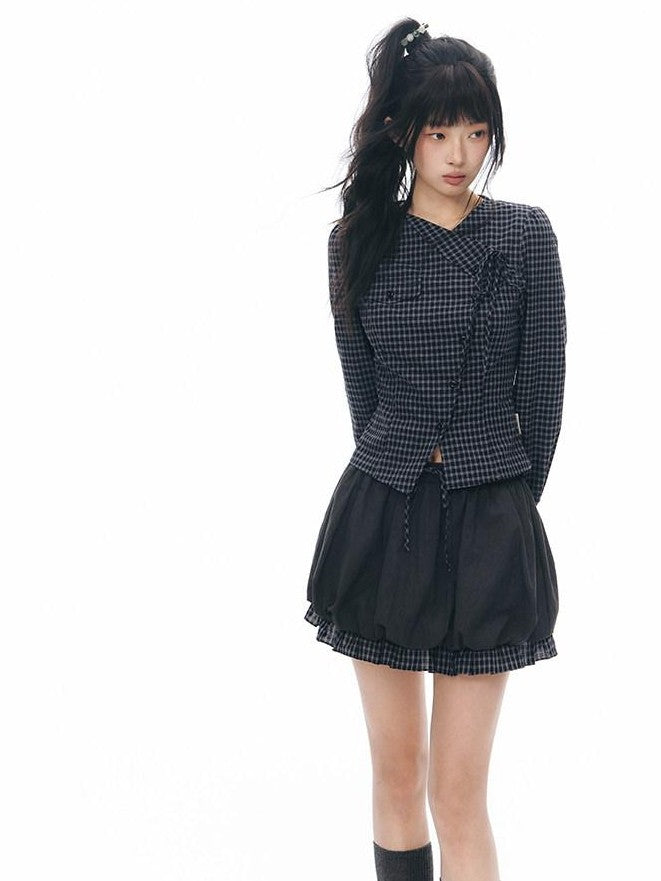 NAPSNAPS Asymmetric Tie Plaid Puff Skirt Slim Women&