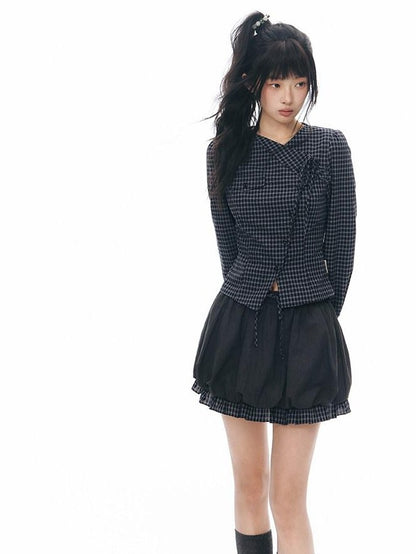 NAPSNAPS Asymmetric Tie Plaid Puff Skirt Slim Women&