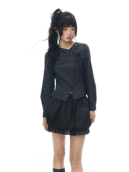 NAPSNAPS Asymmetric Tie Plaid Puff Skirt Slim Women&
