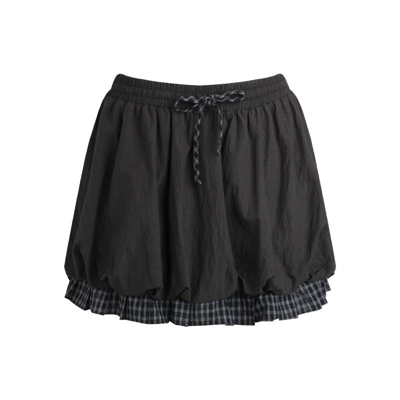 NAPSNAPS_Black_Check_Spliced_Faux_Two_Piece_Bubble_High_Waist_Women&