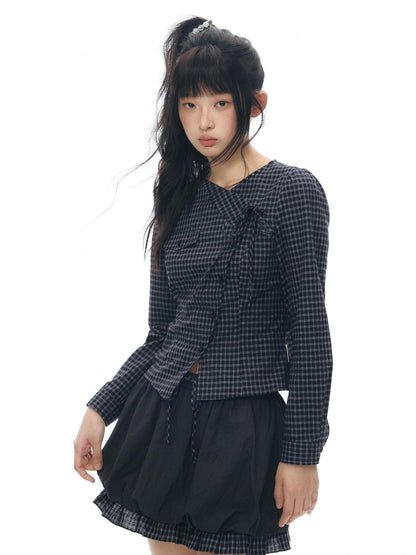 NAPSNAPS Black Check Spliced Faux Two Piece Bubble High Waist Women&