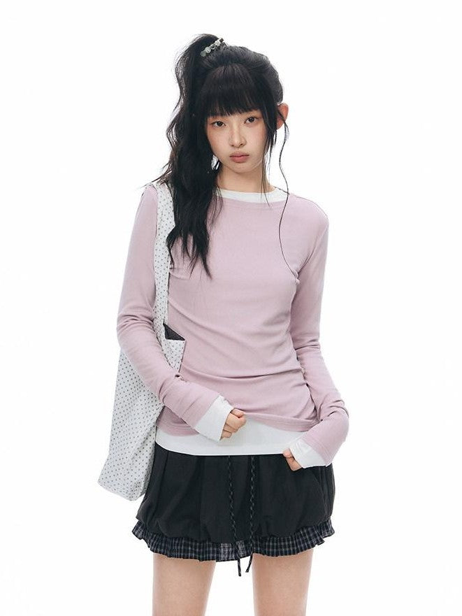 NAPSNAPS Black Check Spliced Faux Two Piece Bubble High Waist Women&