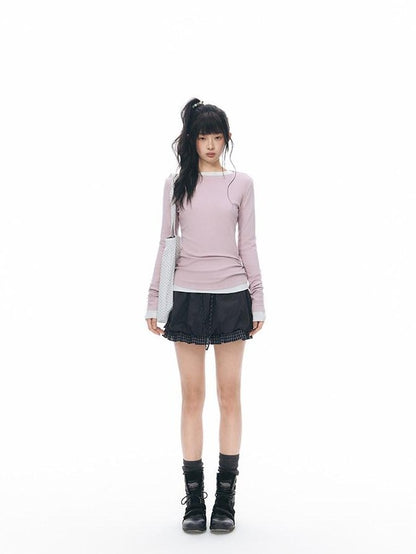 NAPSNAPS Black Check Spliced Faux Two Piece Bubble High Waist Women&