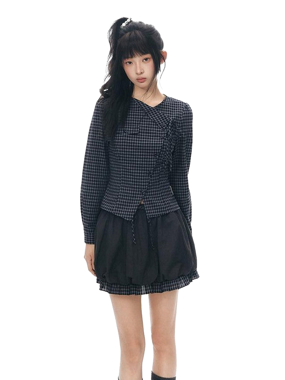 NAPSNAPS Black Check Spliced Faux Two Piece Bubble High Waist Women&