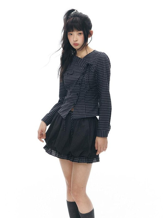 NAPSNAPS Black Check Spliced Faux Two Piece Bubble High Waist Women&