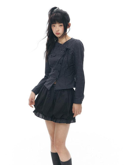 NAPSNAPS Black Check Spliced Faux Two Piece Bubble High Waist Women&