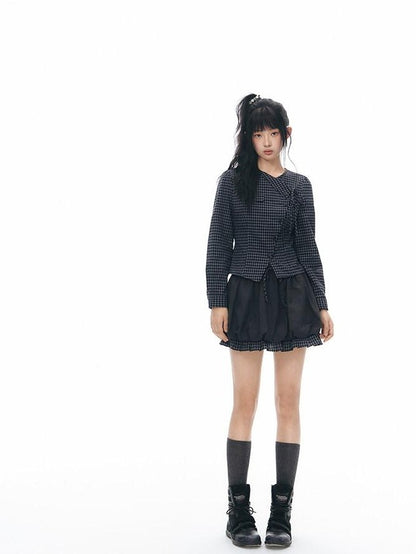 NAPSNAPS Black Check Spliced Faux Two Piece Bubble High Waist Women&