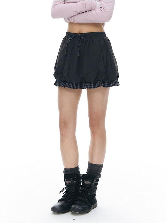 NAPSNAPS Black Check Spliced Faux Two Piece Bubble High Waist Women&