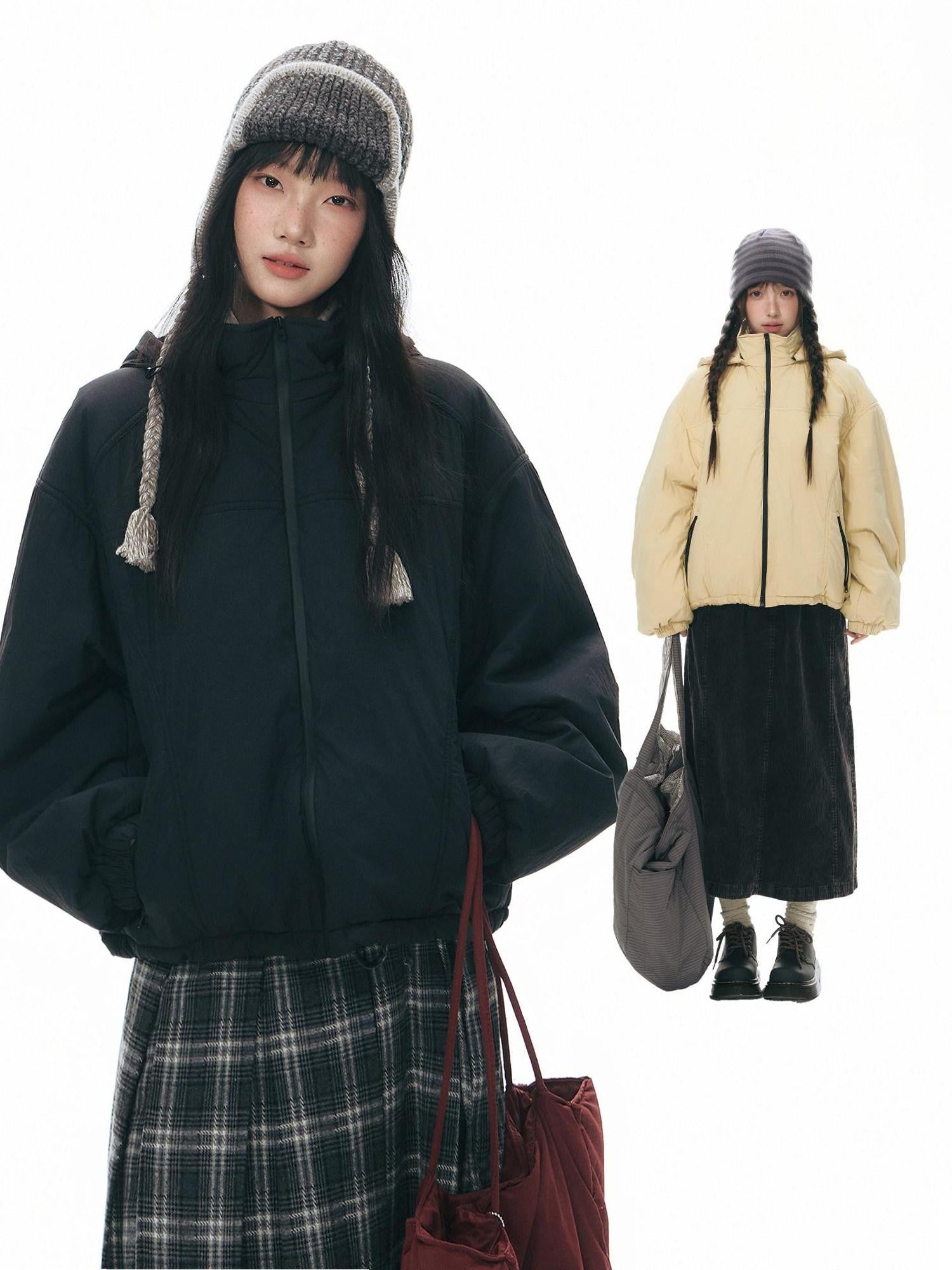 NAPSNAPS Black Detachable Hood Spliced Fur Lined Women&