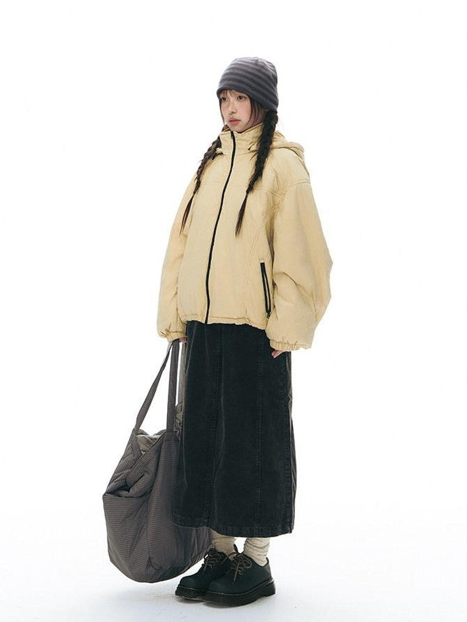 NAPSNAPS Black Detachable Hood Spliced Fur Lined Women&