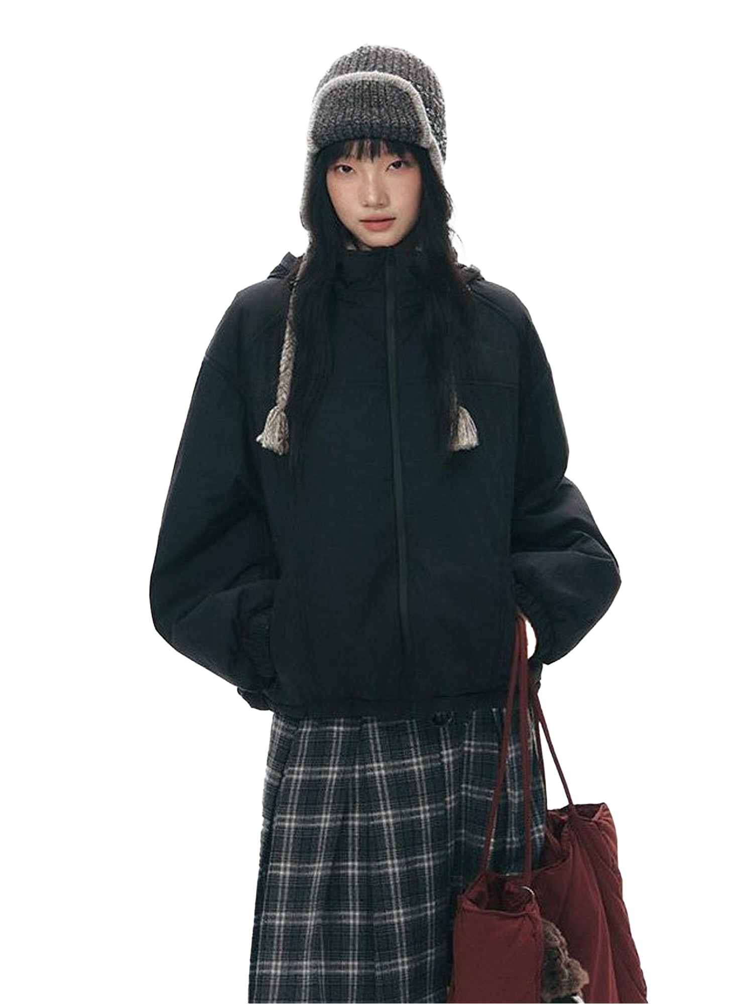 NAPSNAPS Black Detachable Hood Spliced Fur Lined Women&