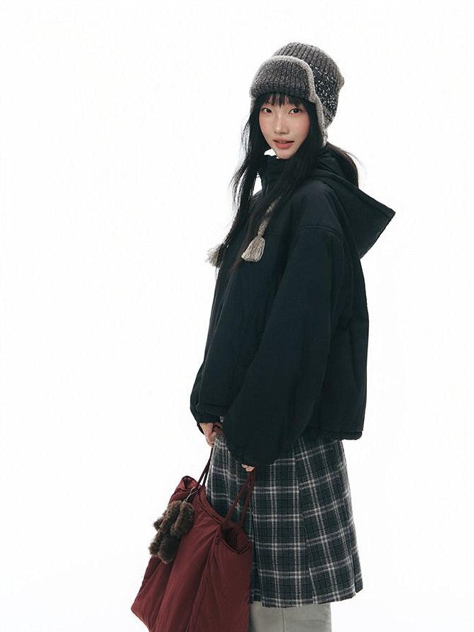 NAPSNAPS Black Detachable Hood Spliced Fur Lined Women&