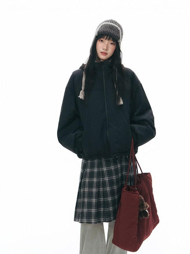 NAPSNAPS Black Detachable Hood Spliced Fur Lined Women&