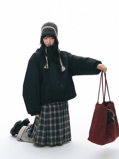 NAPSNAPS Black Detachable Hood Spliced Fur Lined Women&