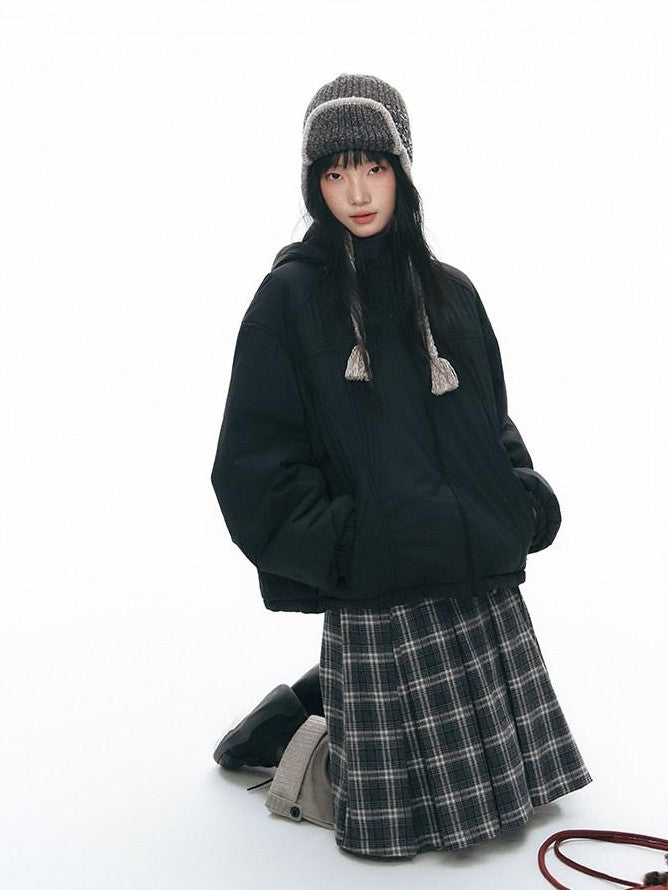 NAPSNAPS Black Detachable Hood Spliced Fur Lined Women&