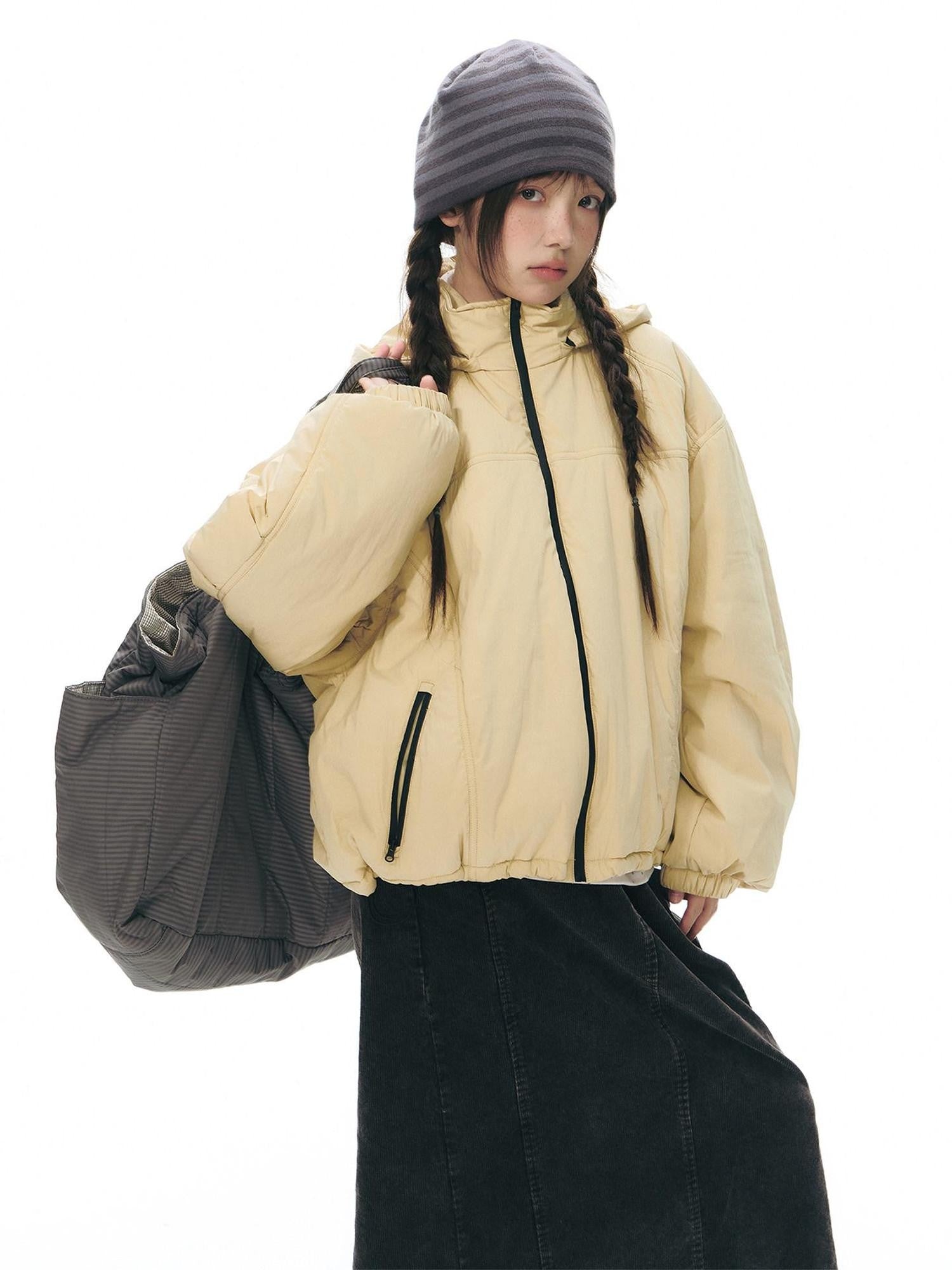 NAPSNAPS Black Detachable Hood Spliced Fur Lined Women&