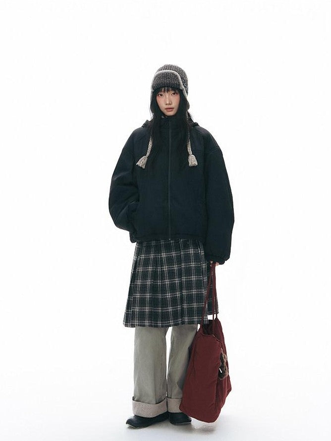 NAPSNAPS Black Detachable Hood Spliced Fur Lined Women&