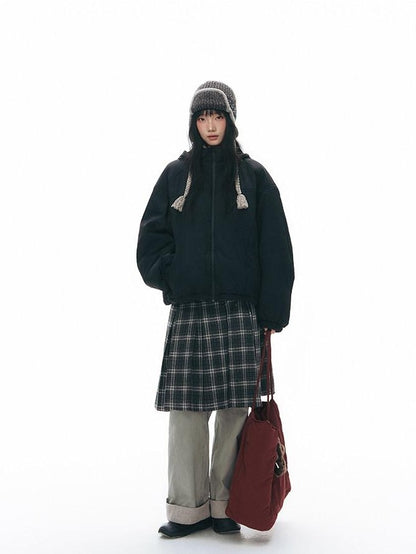 NAPSNAPS Black Detachable Hood Spliced Fur Lined Women&
