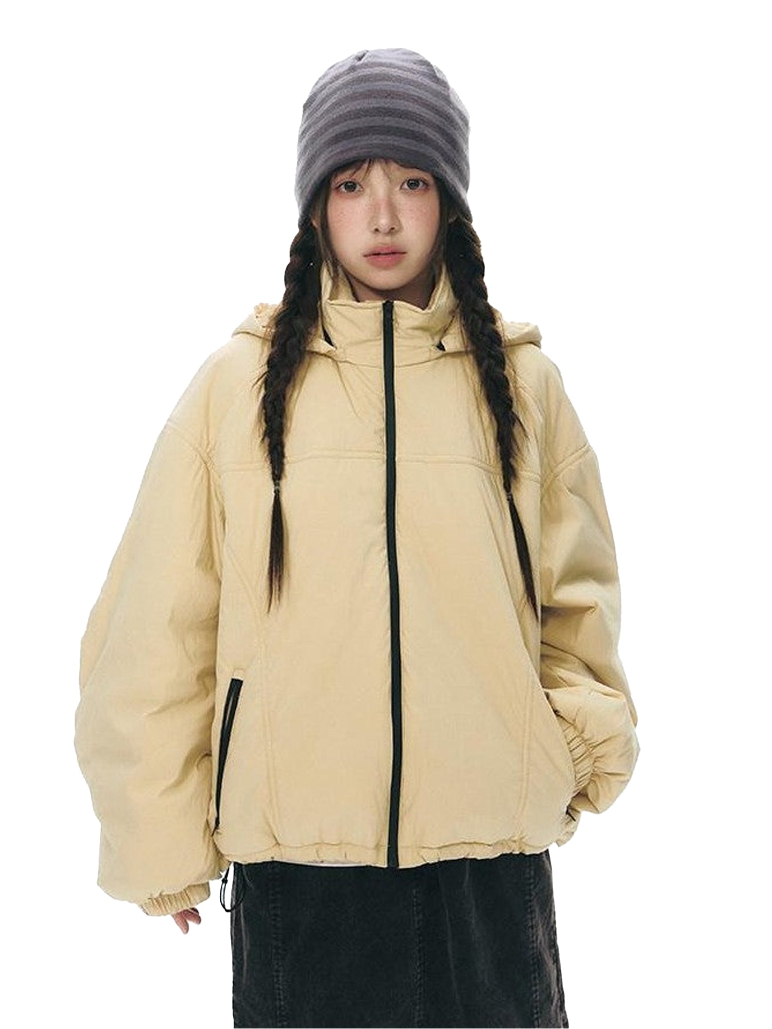 NAPSNAPS Black Detachable Hood Spliced Fur Lined Women&