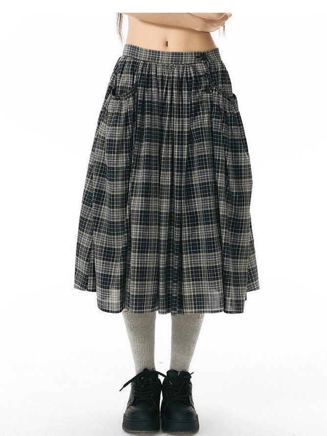 NAPSNAPS Black Green Plaid Large Pocket Mid Waist Women&