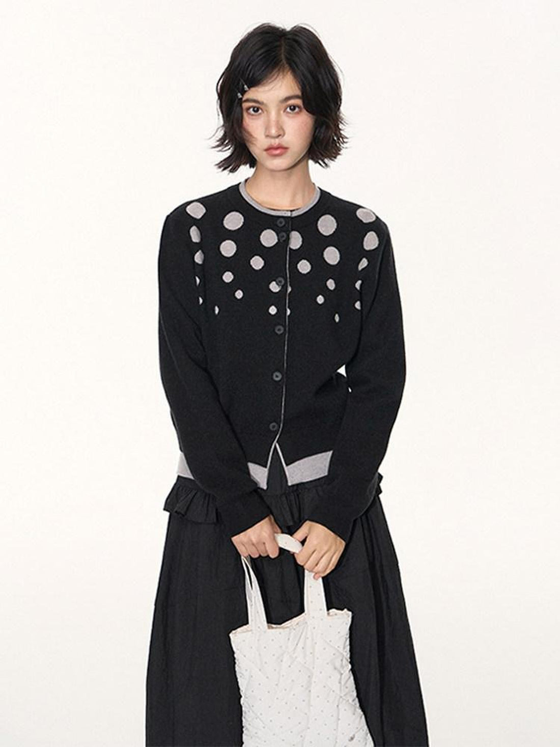 NAPSNAPS Black Grey Polka Dot Faux Two Piece Knit Round Neck Women&
