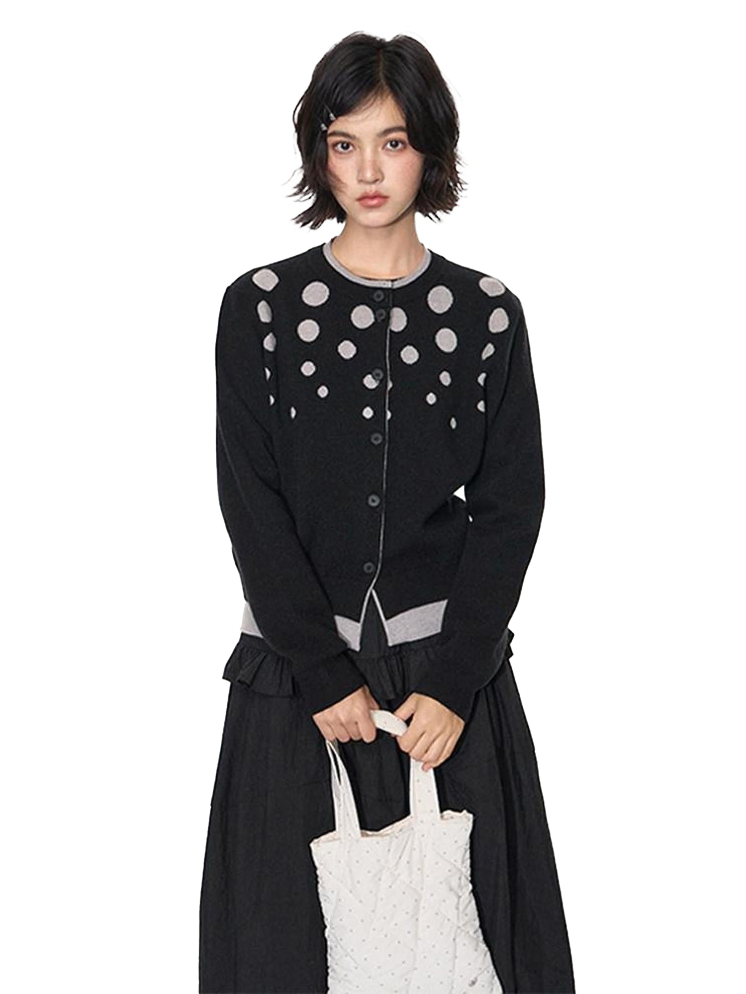 NAPSNAPS Black Grey Polka Dot Faux Two Piece Knit Round Neck Women&