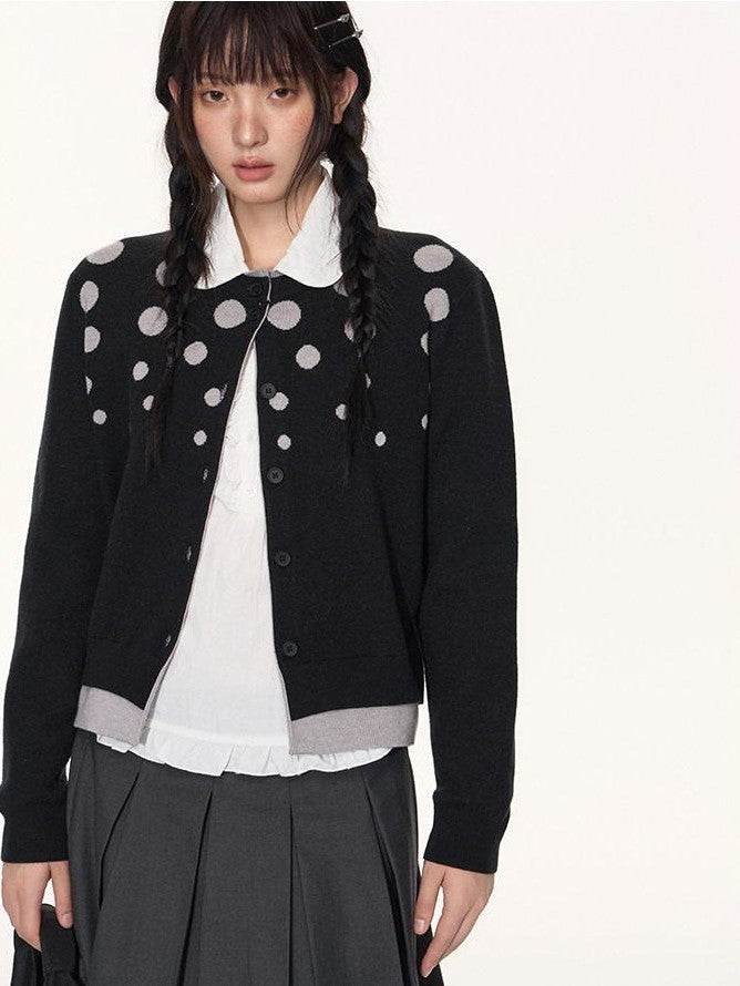 NAPSNAPS Black Grey Polka Dot Faux Two Piece Knit Round Neck Women&