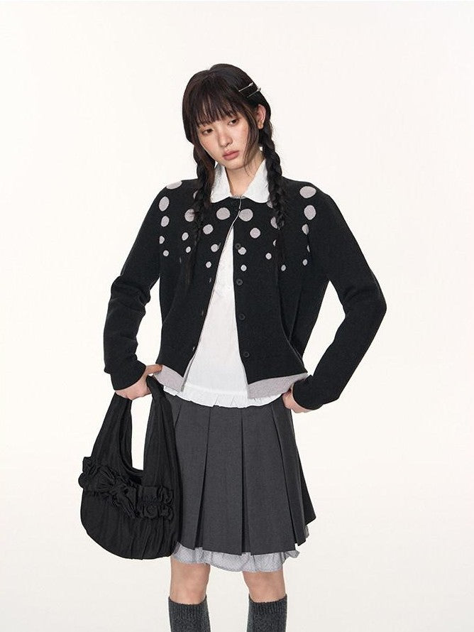 NAPSNAPS Black Grey Polka Dot Faux Two Piece Knit Round Neck Women&