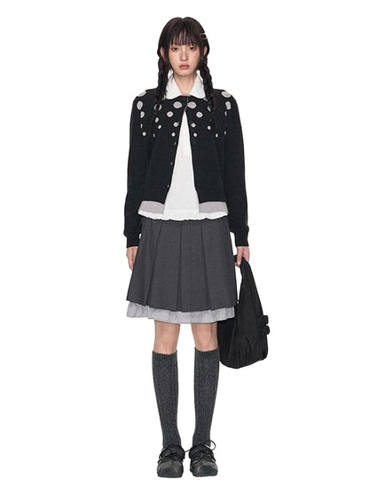 NAPSNAPS Black Grey Polka Dot Faux Two Piece Knit Round Neck Women&