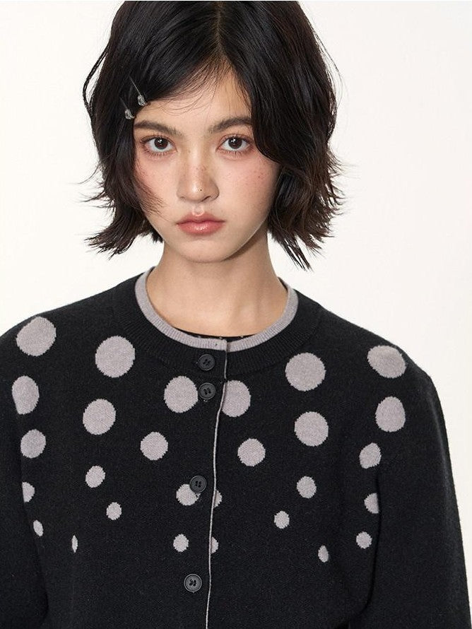 NAPSNAPS Black Grey Polka Dot Faux Two Piece Knit Round Neck Women&
