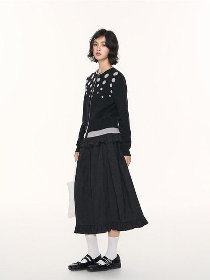NAPSNAPS Black Grey Polka Dot Faux Two Piece Knit Round Neck Women&