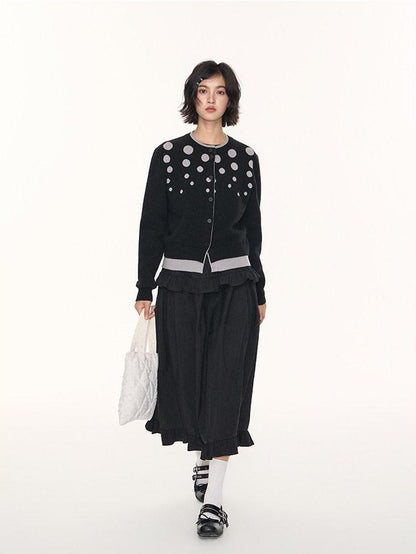NAPSNAPS Black Grey Polka Dot Faux Two Piece Knit Round Neck Women&