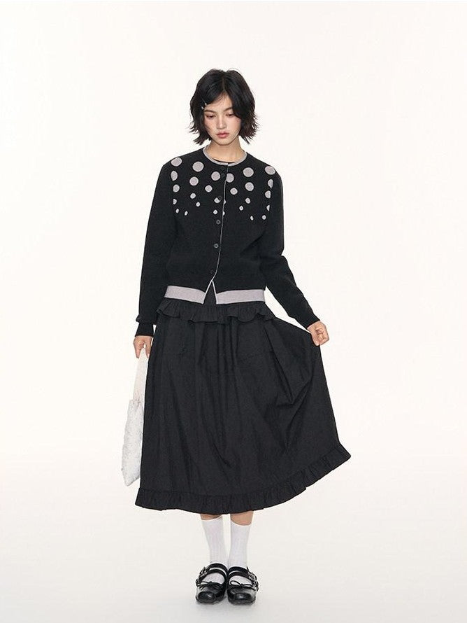 NAPSNAPS Black Grey Polka Dot Faux Two Piece Knit Round Neck Women&