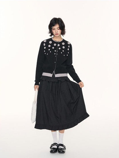 NAPSNAPS Black Grey Polka Dot Faux Two Piece Knit Round Neck Women&