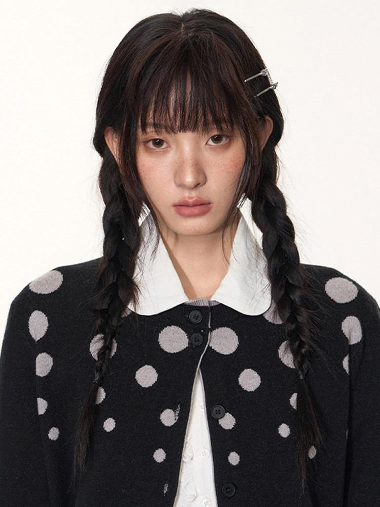NAPSNAPS Black Grey Polka Dot Faux Two Piece Knit Round Neck Women&