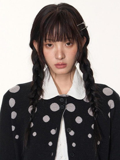 NAPSNAPS Black Grey Polka Dot Faux Two Piece Knit Round Neck Women&