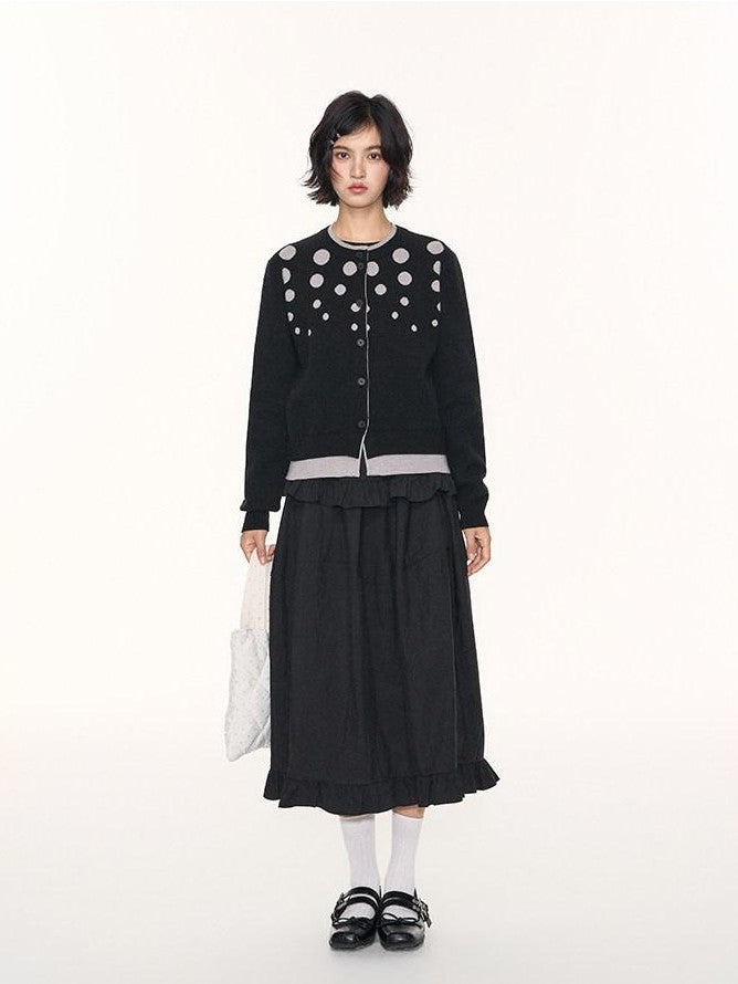 NAPSNAPS Black Grey Polka Dot Faux Two Piece Knit Round Neck Women&