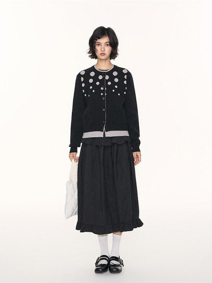 NAPSNAPS Black Grey Polka Dot Faux Two Piece Knit Round Neck Women&