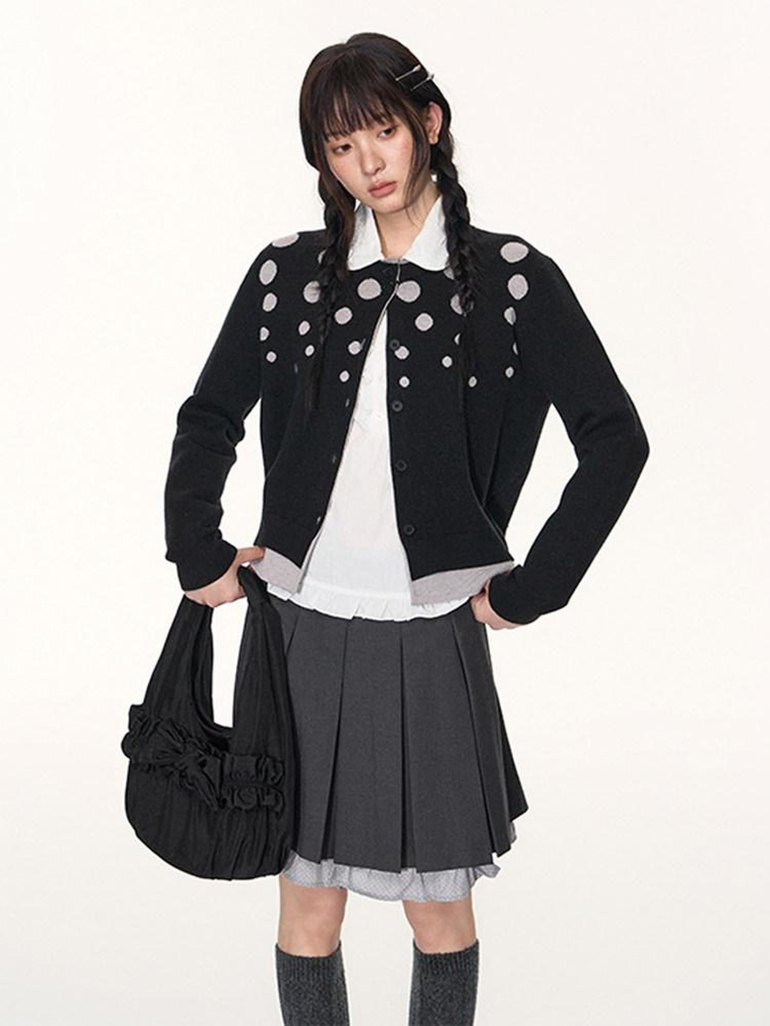 NAPSNAPS Black Grey Polka Dot Faux Two Piece Knit Round Neck Women&