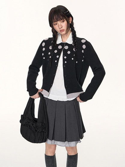 NAPSNAPS Black Grey Polka Dot Faux Two Piece Knit Round Neck Women&