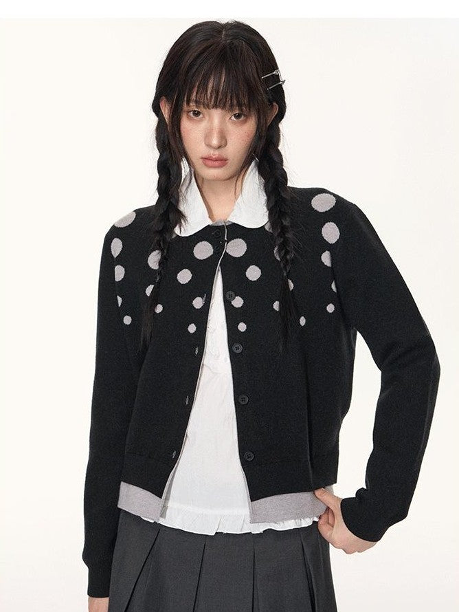 NAPSNAPS Black Grey Polka Dot Faux Two Piece Knit Round Neck Women&