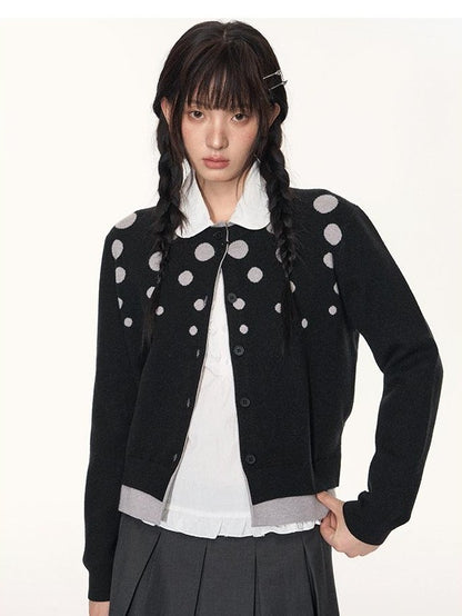 NAPSNAPS Black Grey Polka Dot Faux Two Piece Knit Round Neck Women&