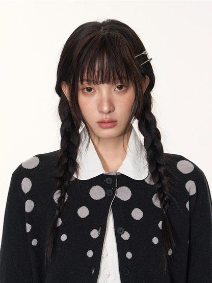 NAPSNAPS Black Grey Polka Dot Faux Two Piece Knit Round Neck Women&