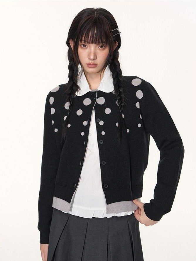 NAPSNAPS Black Grey Polka Dot Faux Two Piece Knit Round Neck Women&