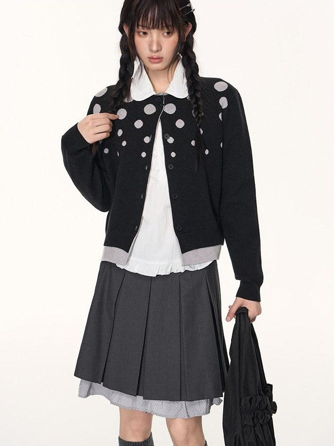 NAPSNAPS Black Grey Polka Dot Faux Two Piece Knit Round Neck Women&