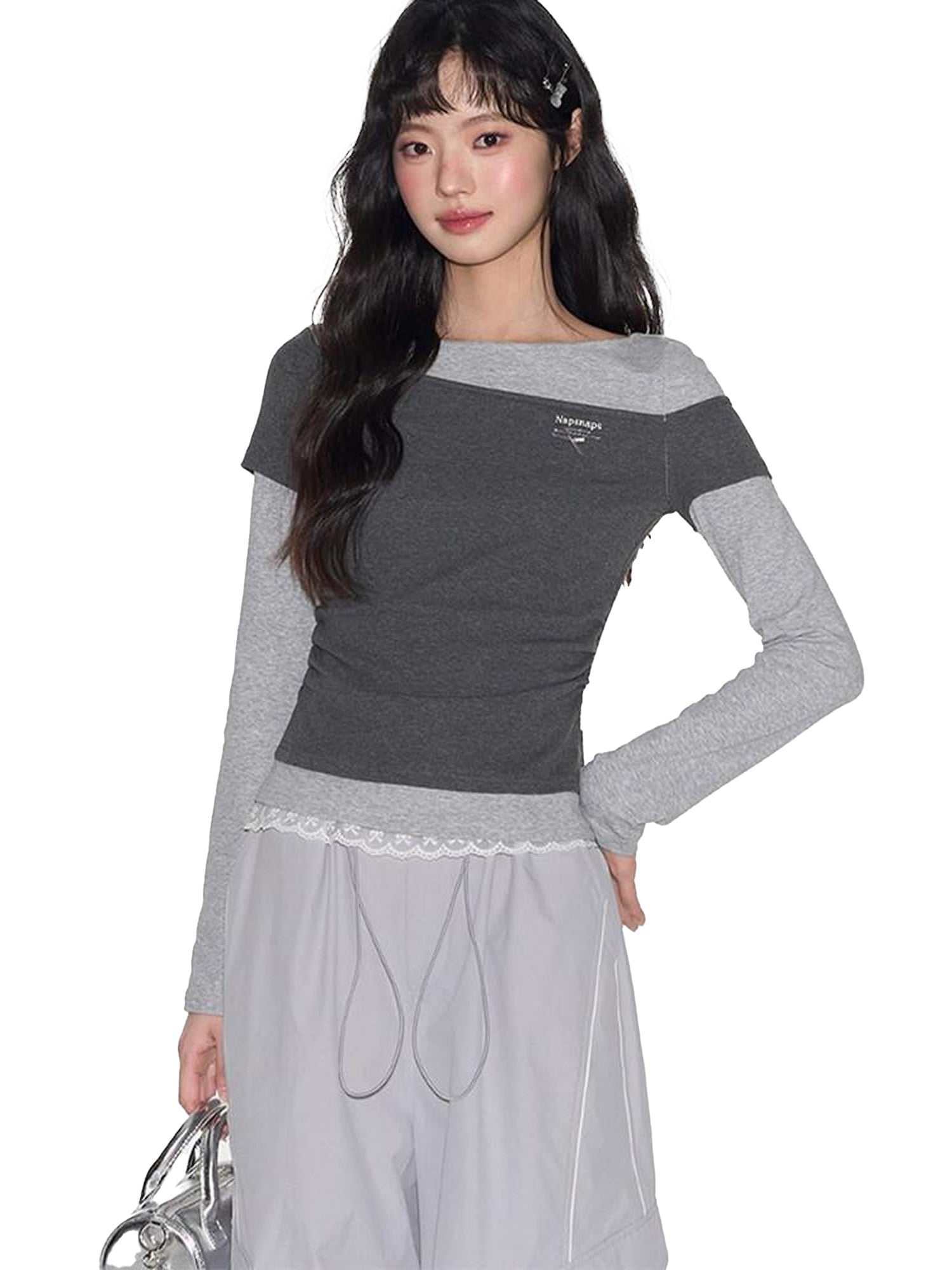 NAPSNAPS Black Polka Dot Asymmetric Spliced Embroidered Women&