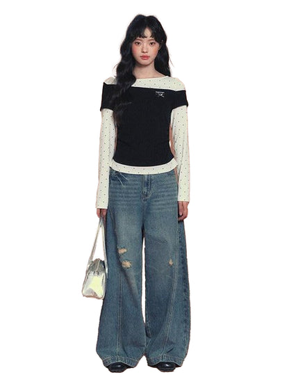 NAPSNAPS Black Polka Dot Asymmetric Spliced Embroidered Women&