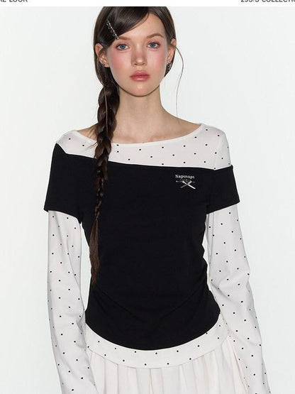 NAPSNAPS Black Polka Dot Asymmetric Spliced Embroidered Women&